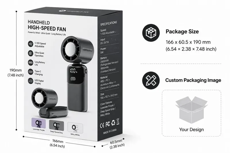 Custom packaging mock-up for a handheld fan